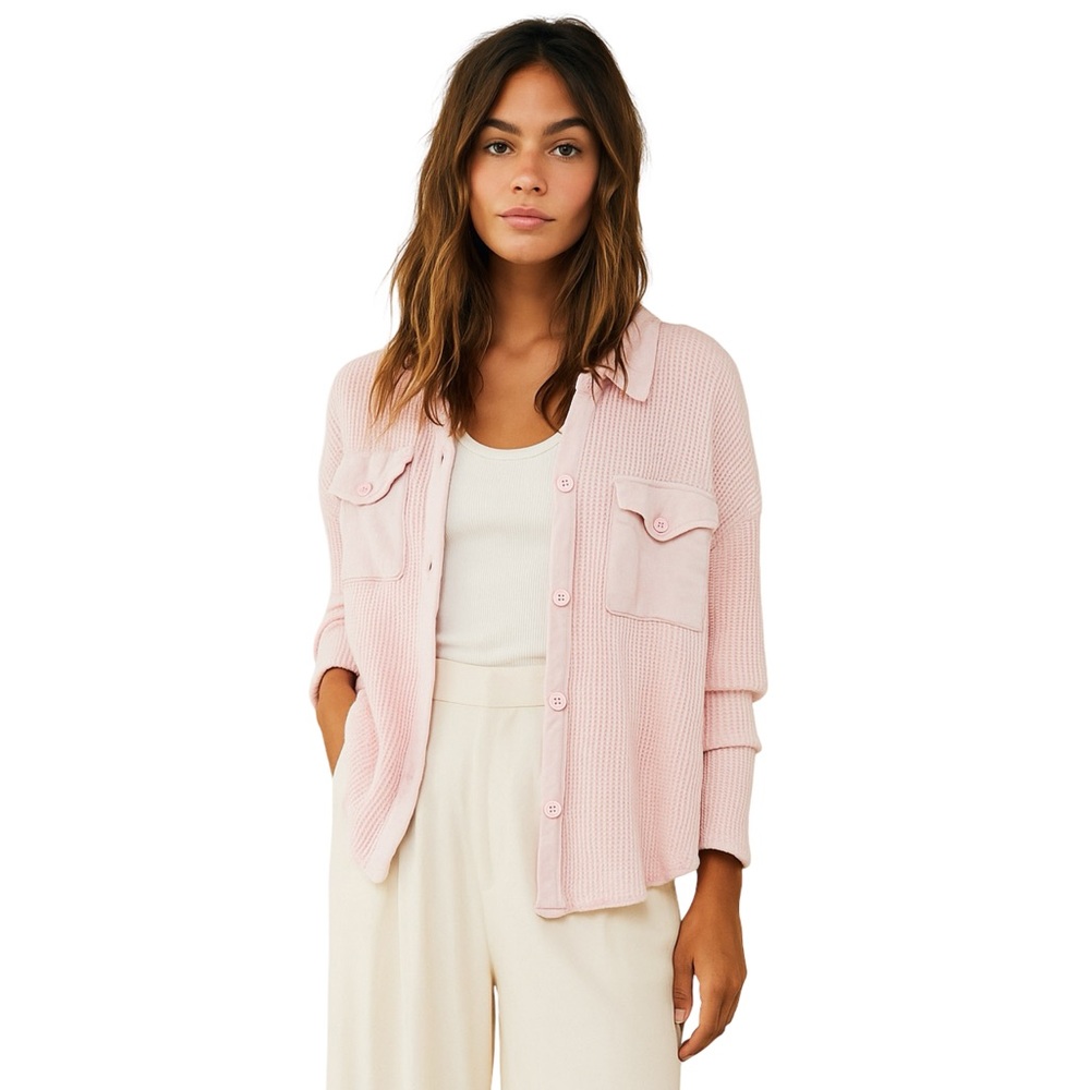 BUCKETLIST Cotton Blend Pink Soft Waffle Knit Button Down Boho Cozy Fall Winter